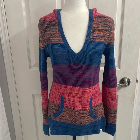 ROXY Yuma blue pink multicolor knit kangaroo pocket pullover hoodie Sz M - Picture 1 of 11